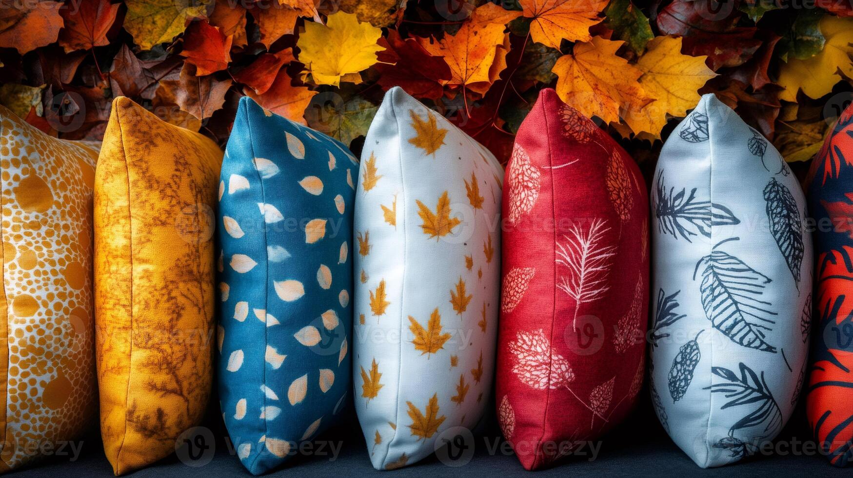 Colorful autumn pillows with leaves and maple leaf patterns standing in a row photo