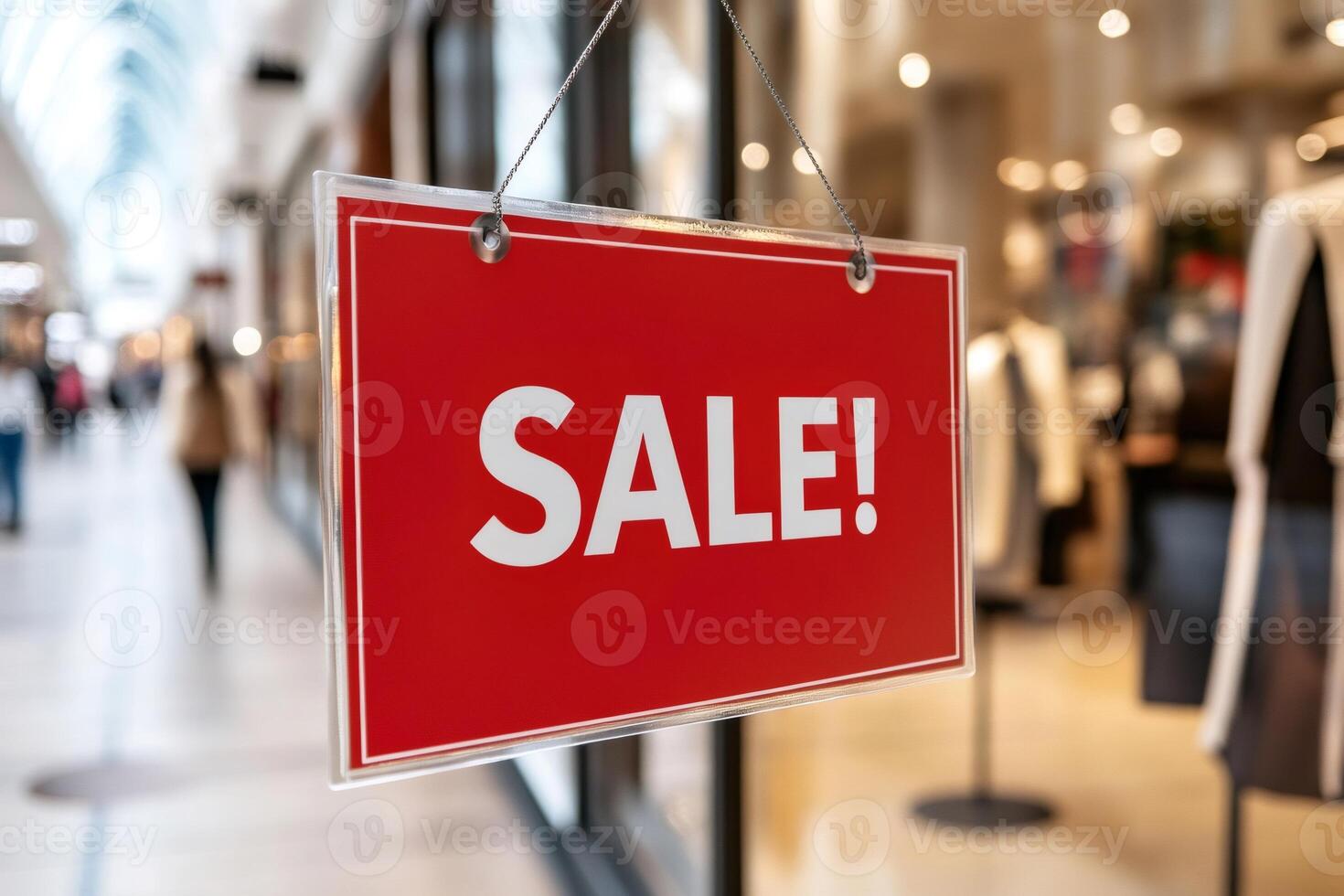 Red sale sign hanging in shopping mall window display photo