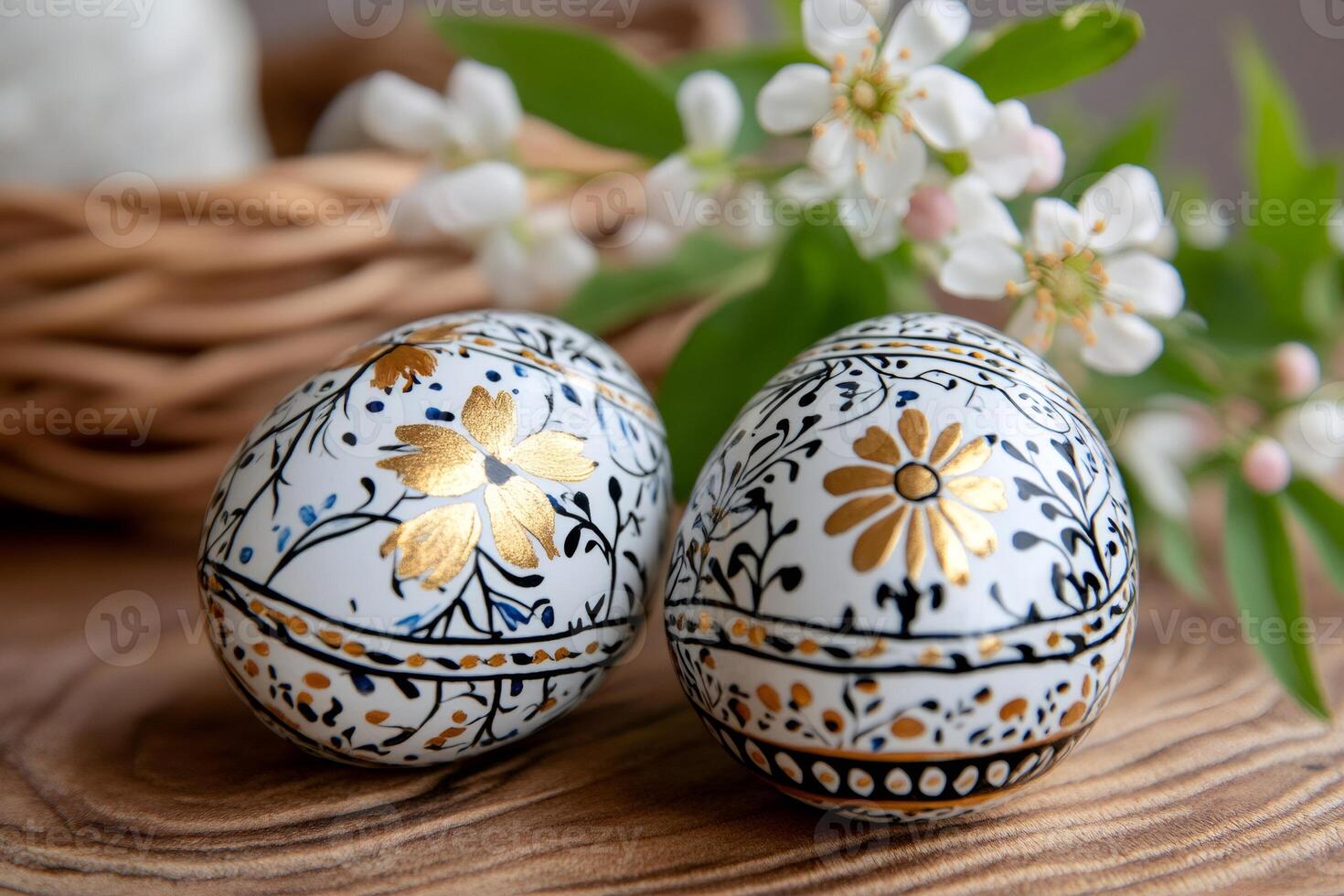 Easter eggs with floral pattern and golden decorations lying on wooden table photo