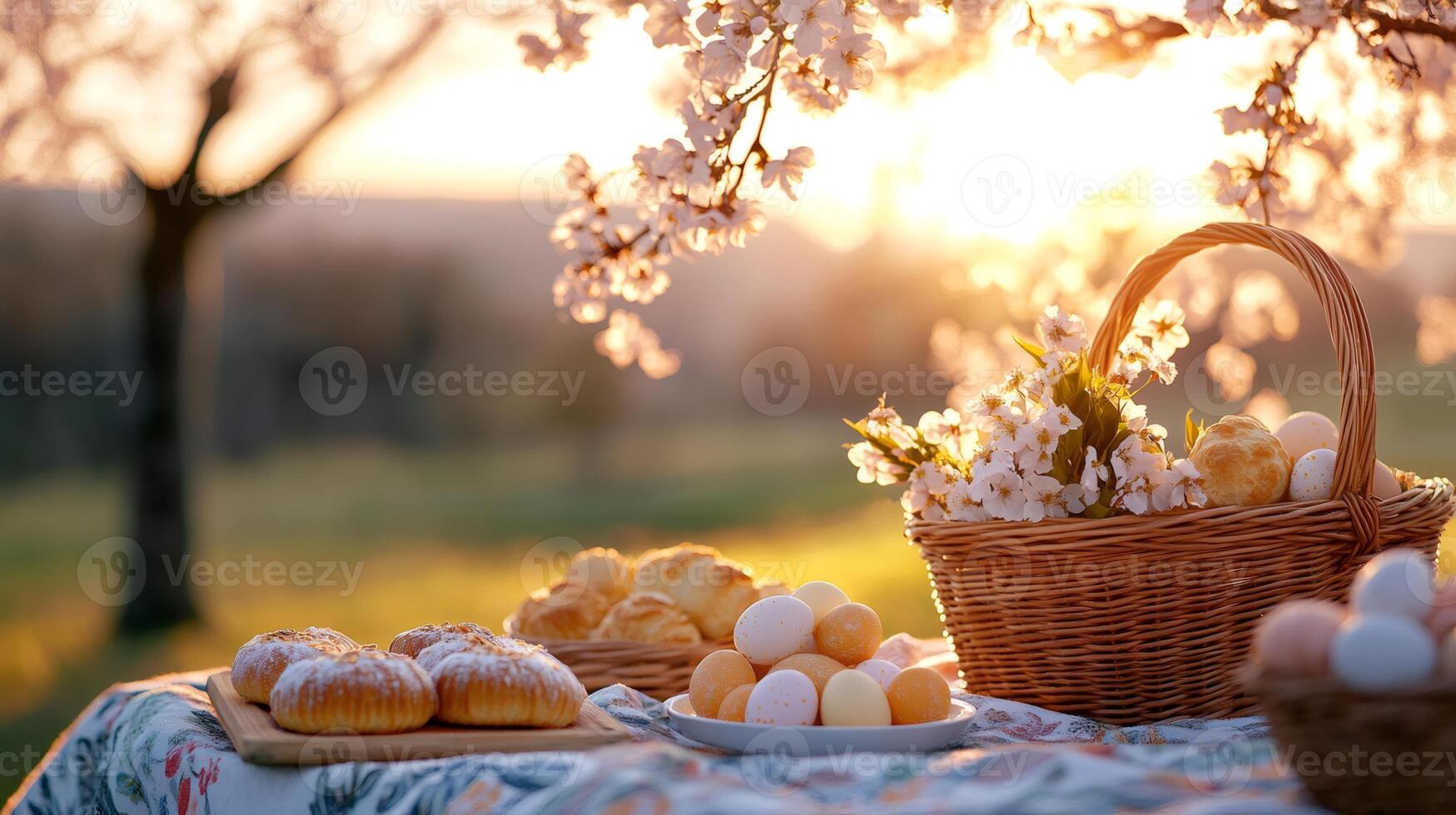 Easter eggs and sweet bread decorating a table at sunset under a blossoming tree photo