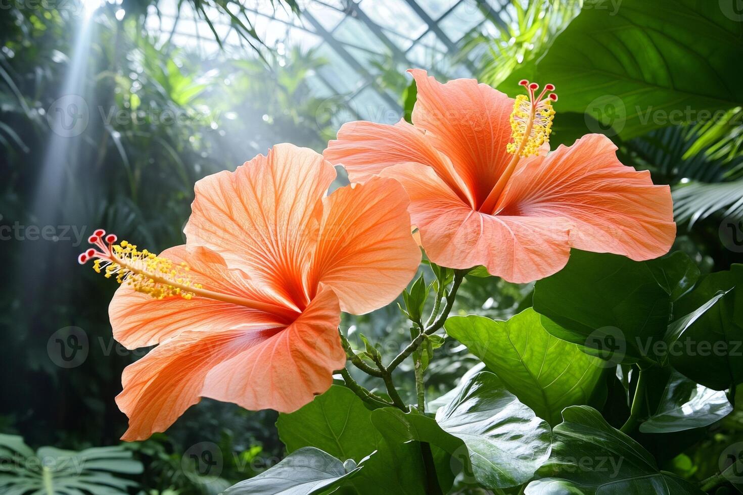 Two orange hibiscus flowers blooming in a greenhouse with sun rays illuminating them photo