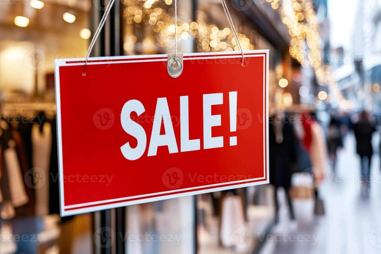 Red sale sign hanging in shopping mall window display during winter holiday season photo
