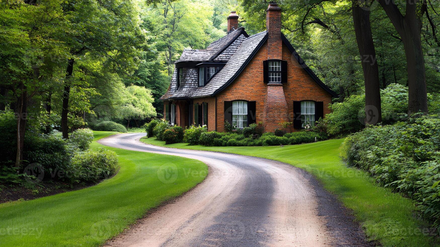Charming brick house with curved driveway in green forest photo