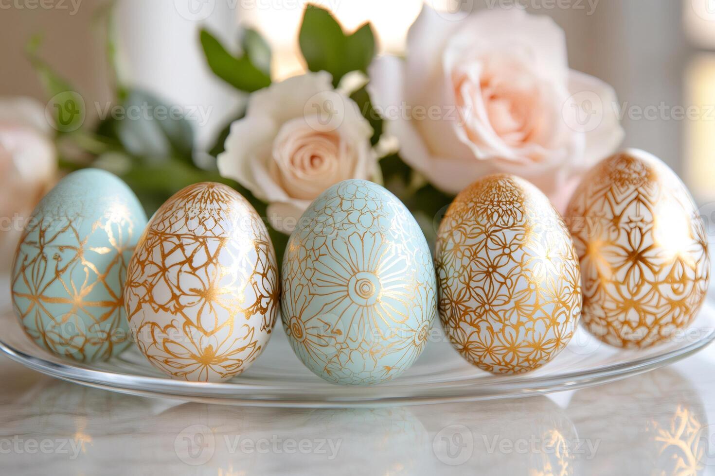 Easter eggs with gold decorations are lying on a glass plate with roses in the background photo