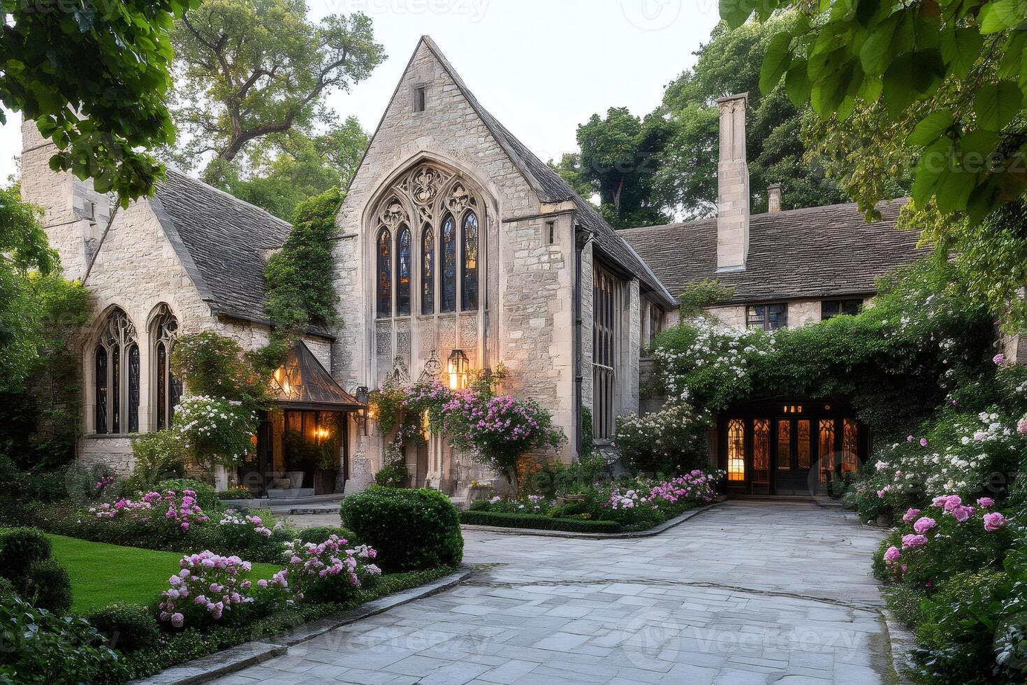 Luxurious gothic style house with beautiful garden during golden hour photo