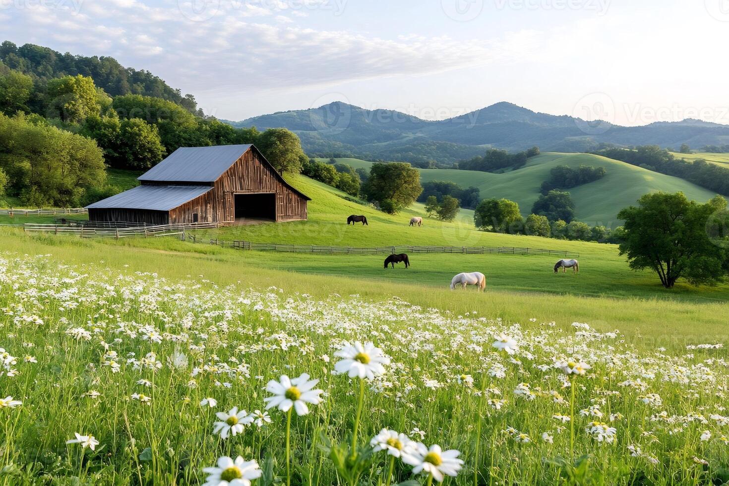 Horses grazing in a field of daisies near a barn in the Appalachian Mountains photo