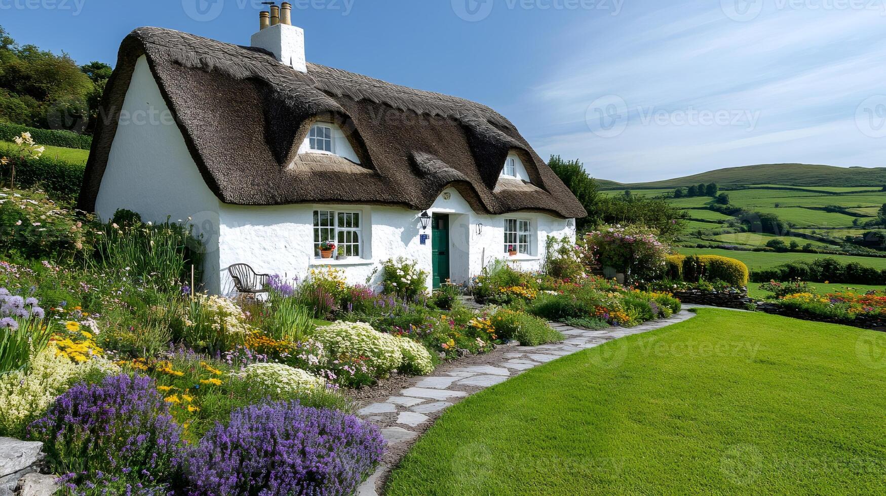 Charming thatched cottage with colorful garden in irish countryside photo