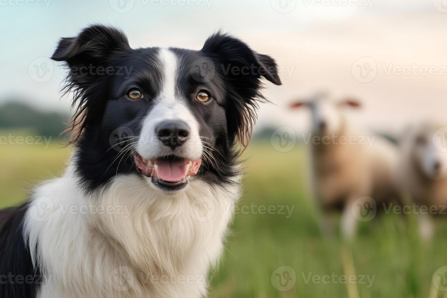 Border collie dog smiling and watching sheep in a field. photo