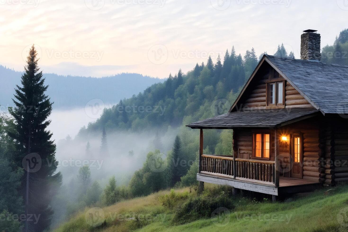 Cozy wooden cabin overlooking misty valley at sunrise in the mountains photo