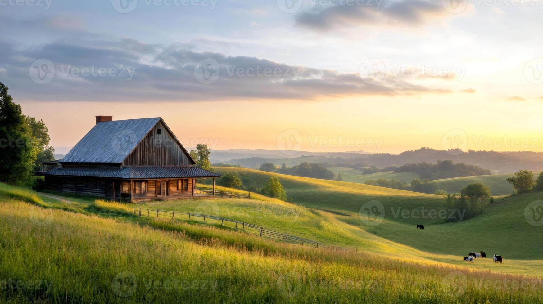 Wooden farmhouse overlooking idyllic rolling hills at sunrise with grazing cattle photo