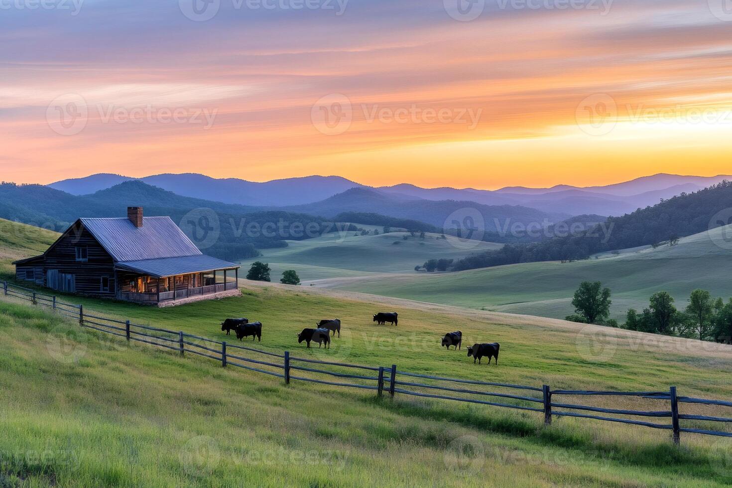 Black angus cattle grazing in a field near a farmhouse at sunset in the Blue Ridge Mountains photo
