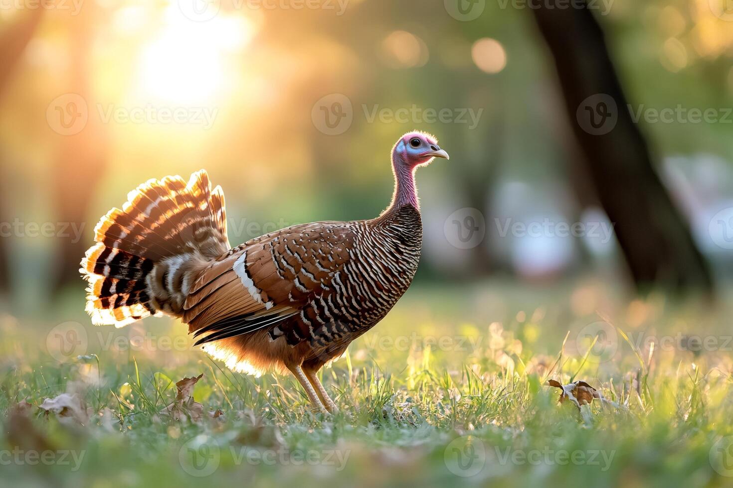 Wild turkey walking in the grass during sunset in a park photo