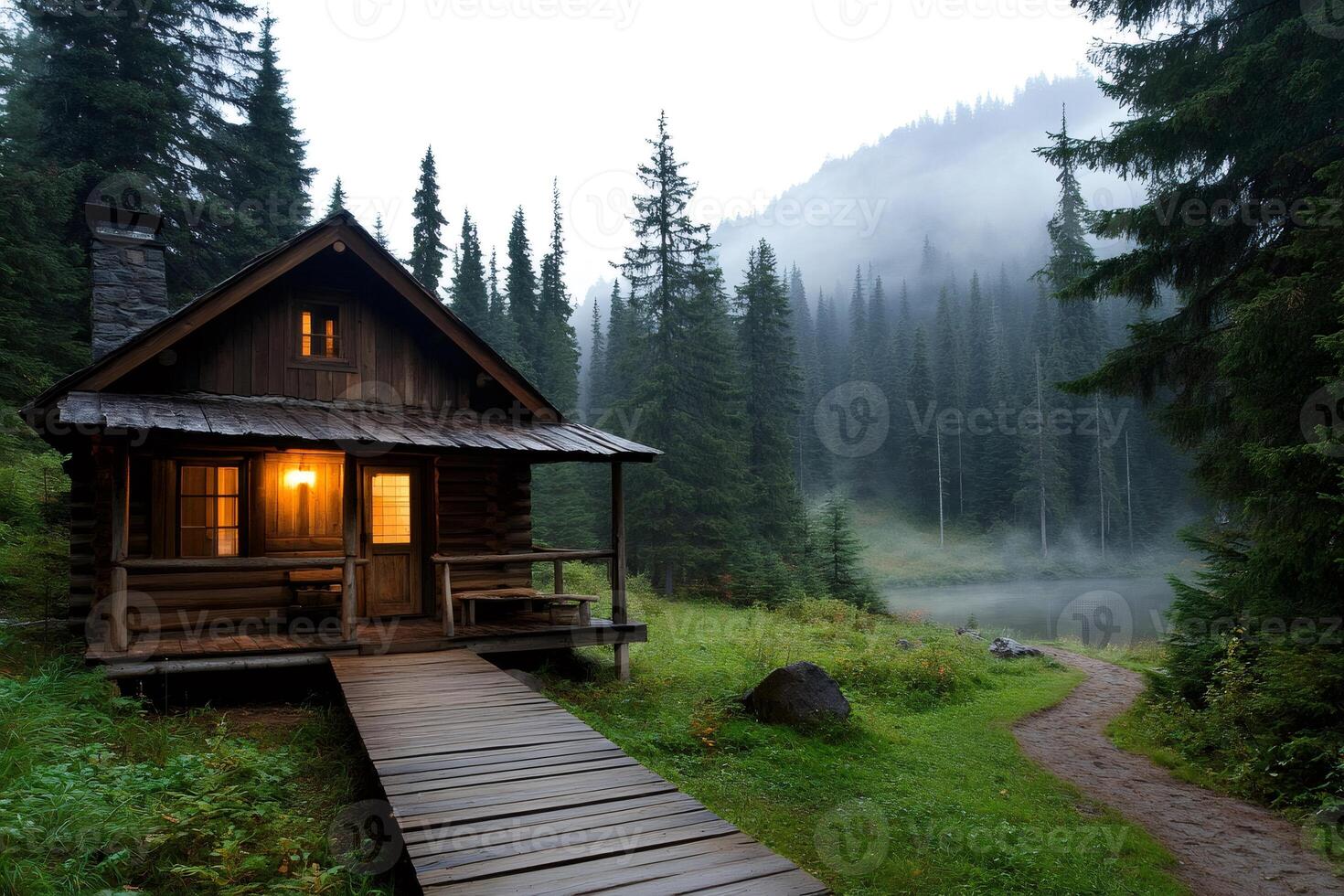 Cozy wooden cabin illuminating foggy mountain forest near lake at dusk photo
