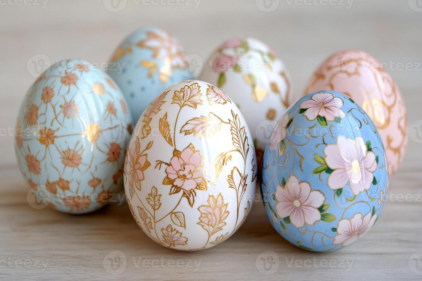 Decorated easter eggs with floral pattern are lying on wooden surface photo