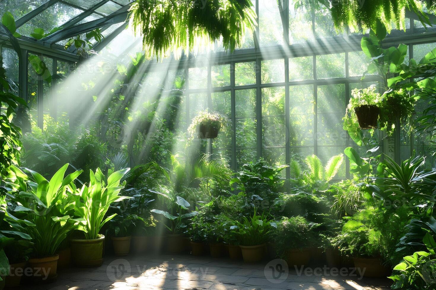 Sun rays shining through glass roof illuminating greenhouse interior photo