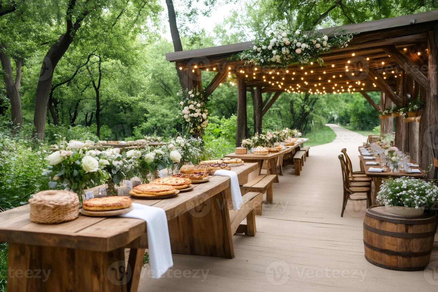 Wedding reception with wooden tables, food and flowers decorating a beautiful outdoor area photo