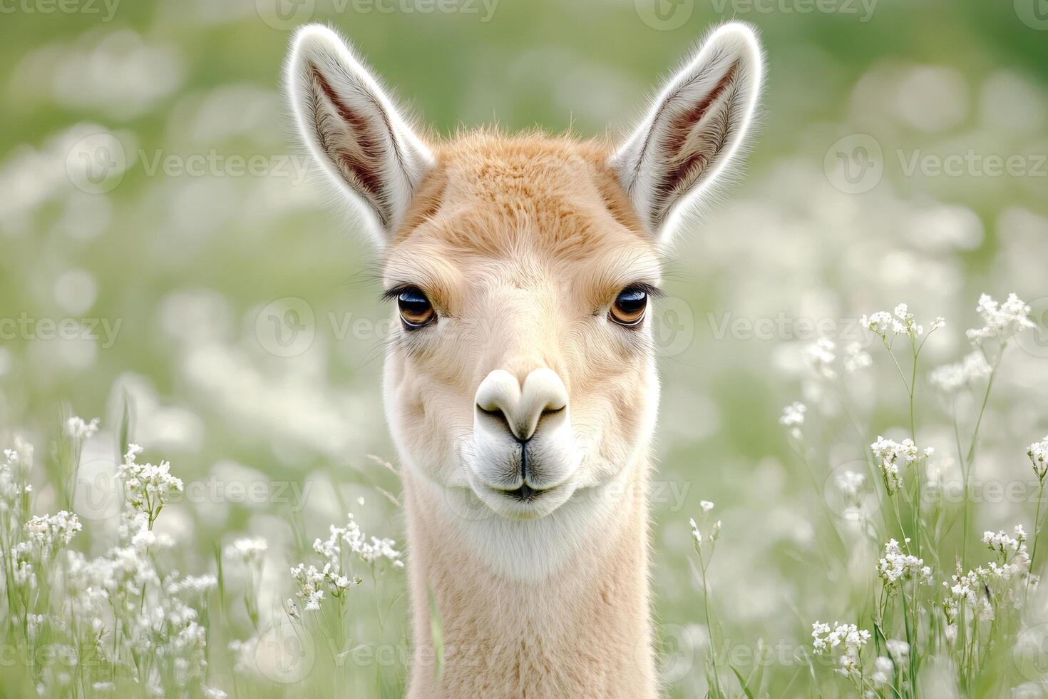 lama looking at camera in a field of white flowers photo