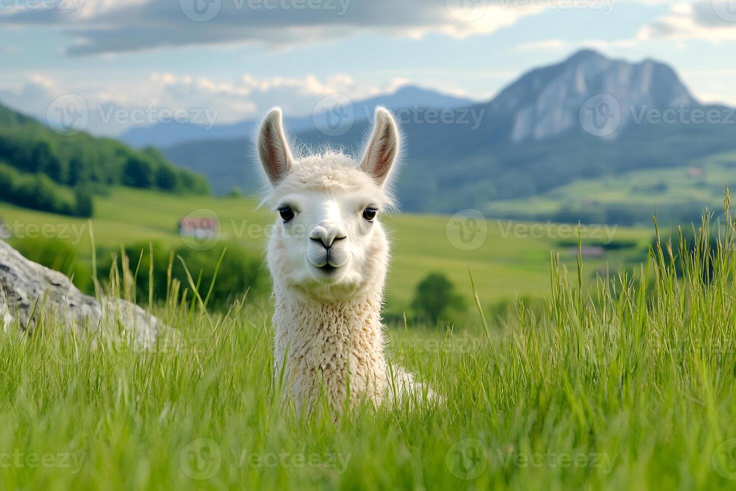 Llama sitting in grass with mountain landscape in background photo