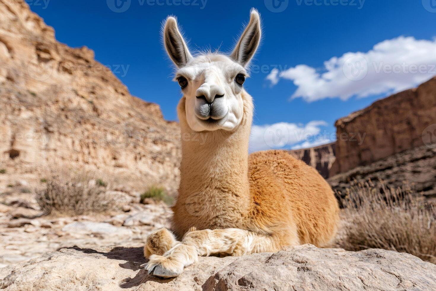Llama relaxing on rock in the desert canyon photo