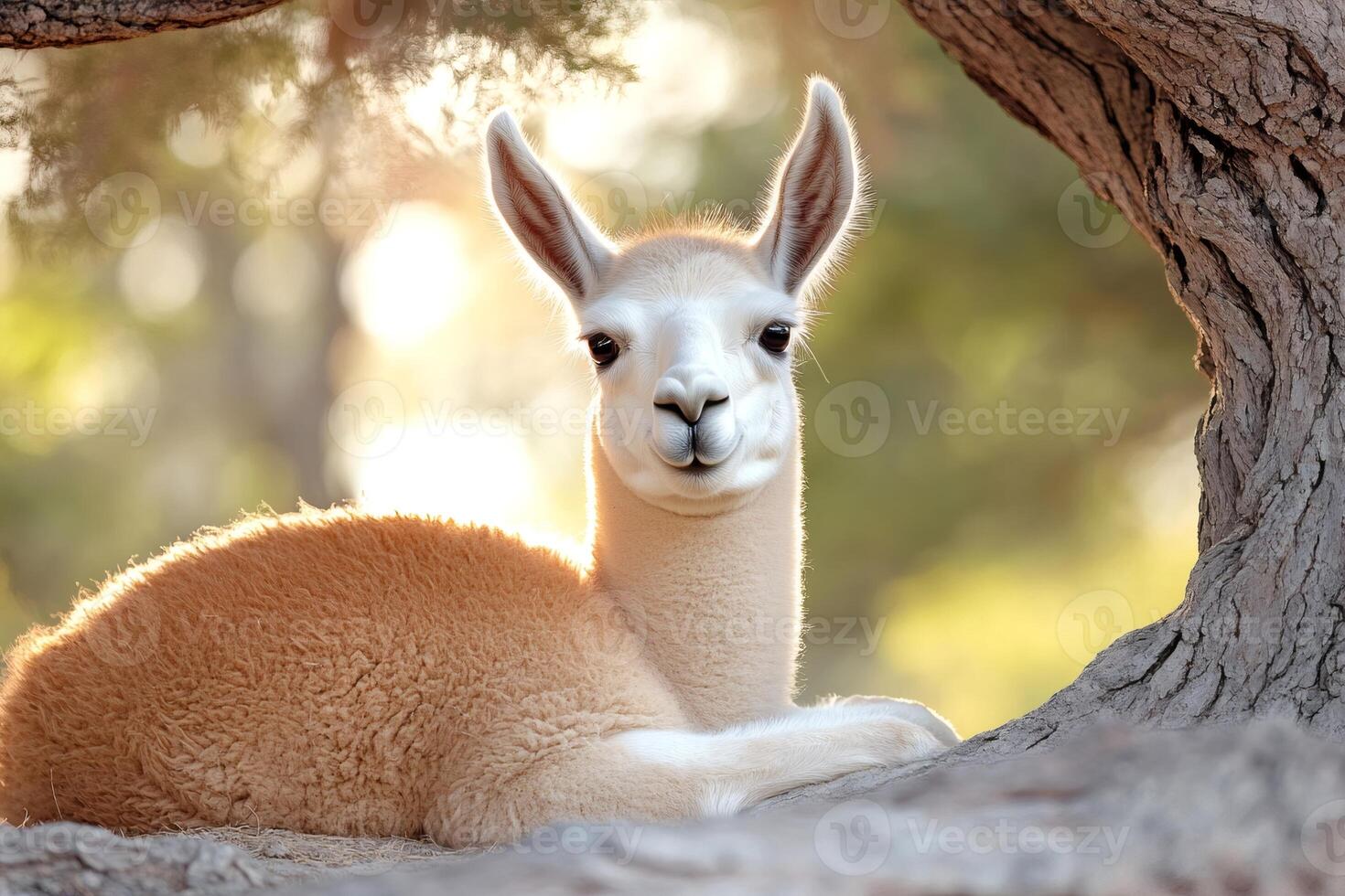 White and brown llama resting on a tree at sunset photo