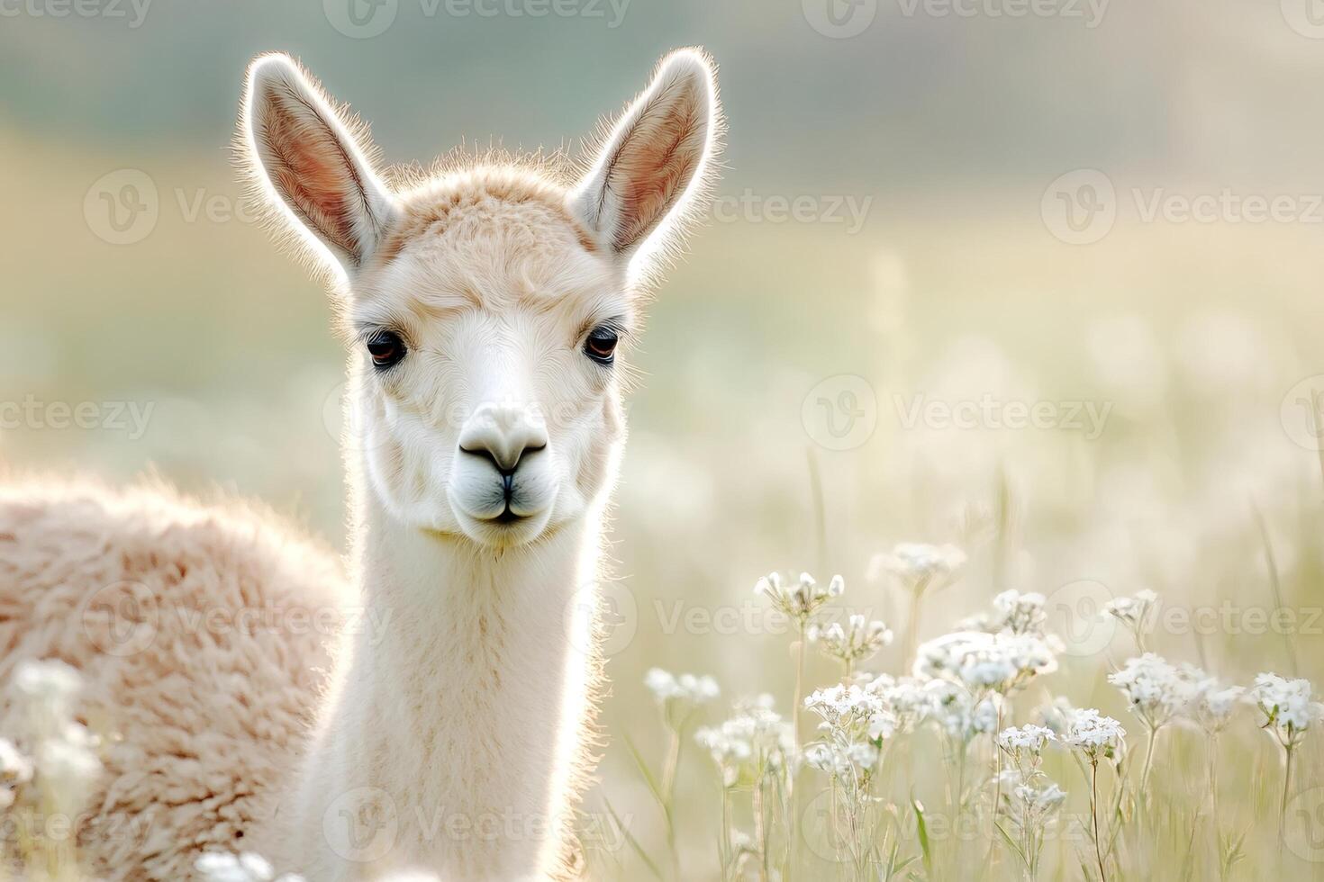 White llama standing in a field of flowers photo