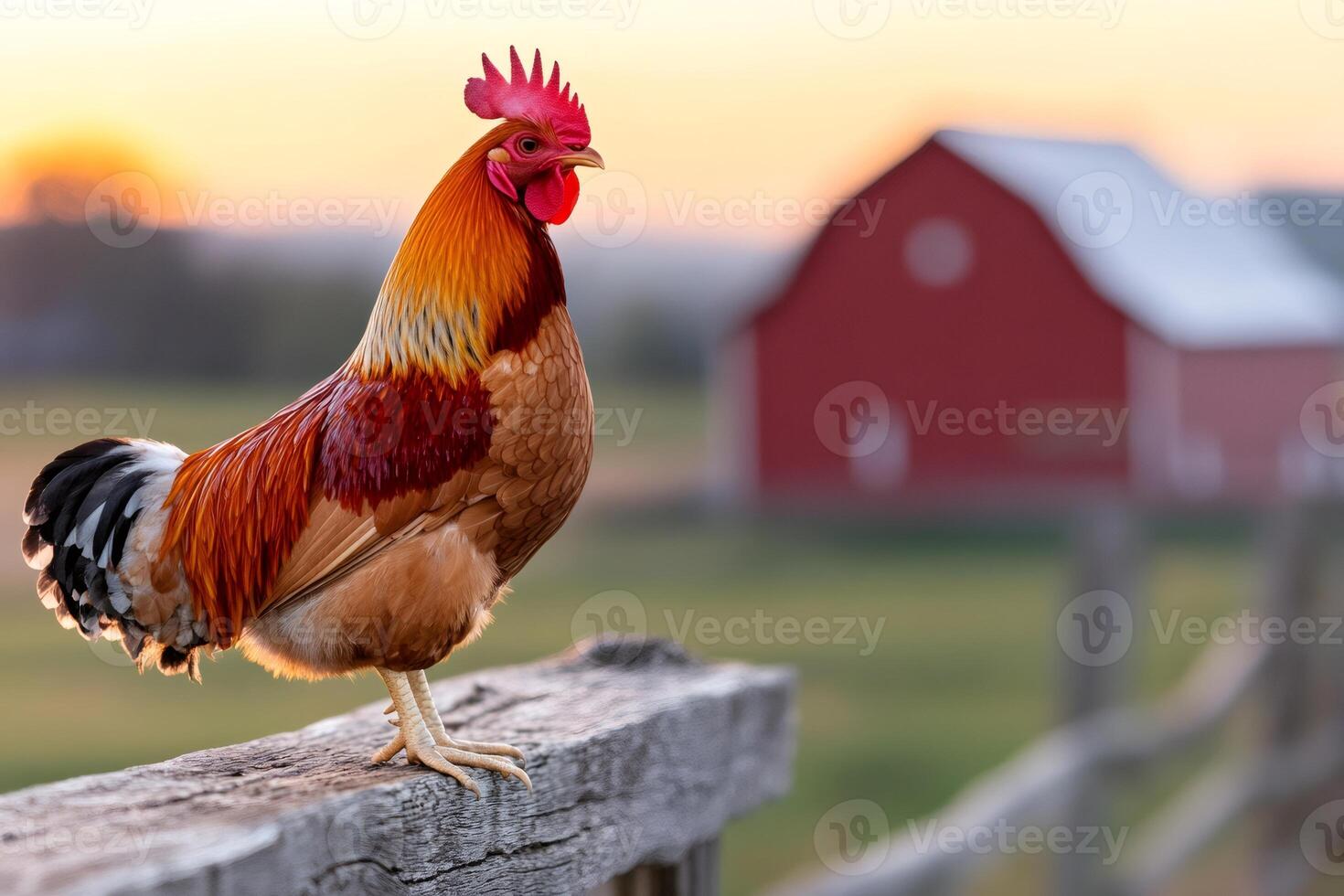Proud rooster standing on fence at sunrise with red barn in background photo