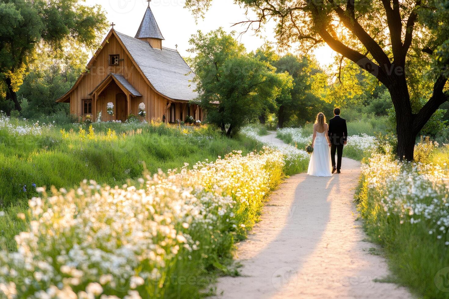 Bride and groom walking away from wedding chapel on path at sunset photo