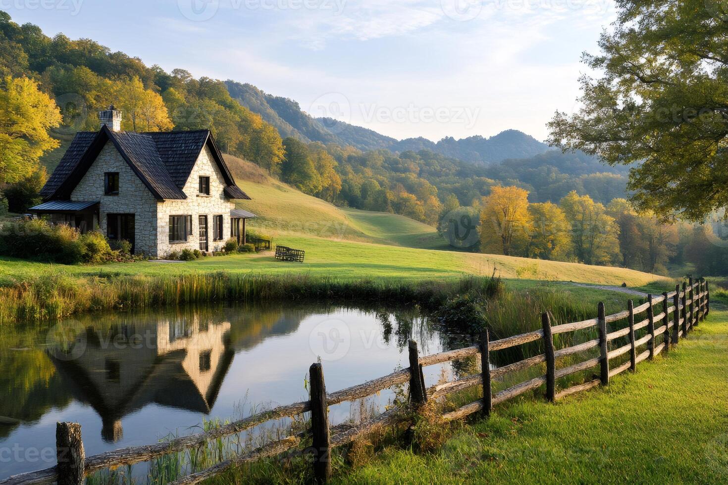 Stone house reflecting in a pond in the colorful autumn countryside photo