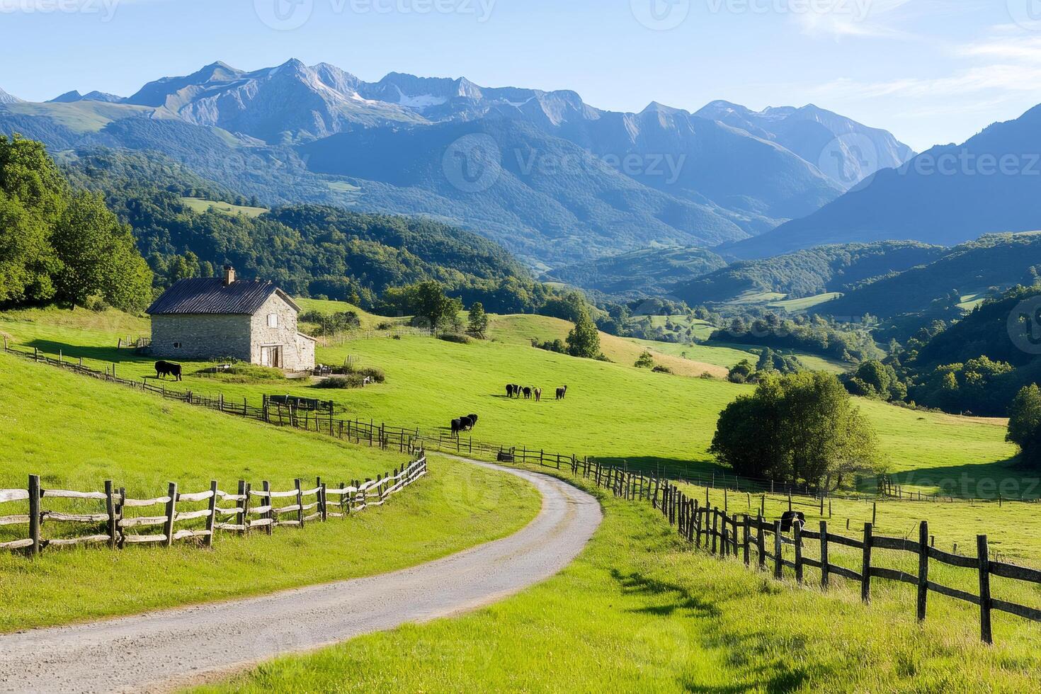 Idyllic landscape in the Pyrenees mountains with grazing cows and farmhouse photo
