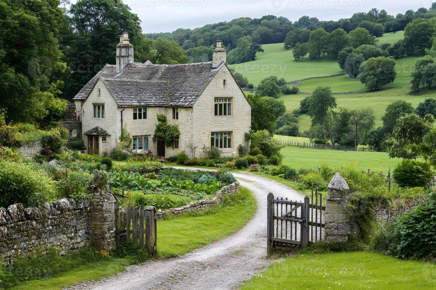Gravel driveway leading to idyllic stone country house in the Cotswolds photo