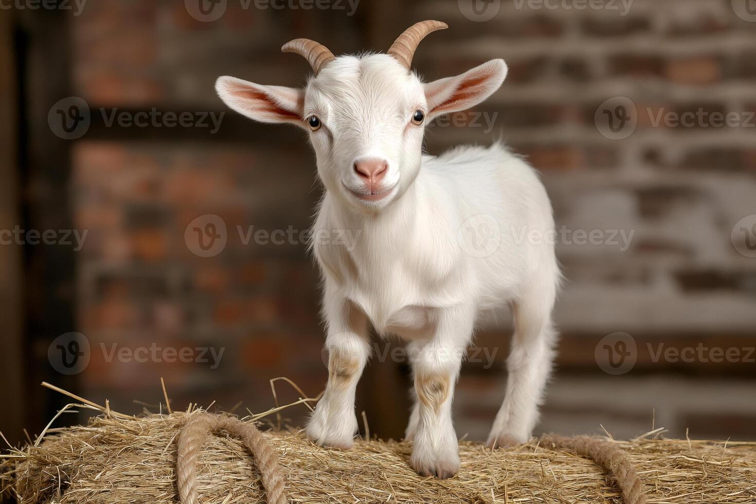 Adorable white baby goat standing on hay bale in barn photo