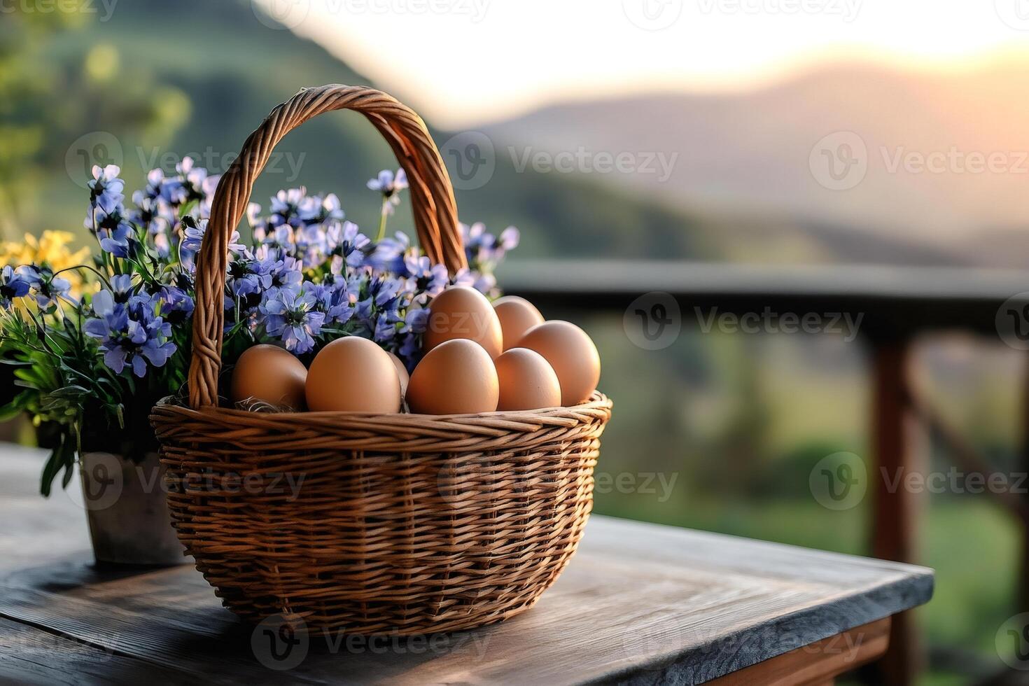 Wicker basket full of fresh eggs and blue flowers standing on wooden table at sunset photo