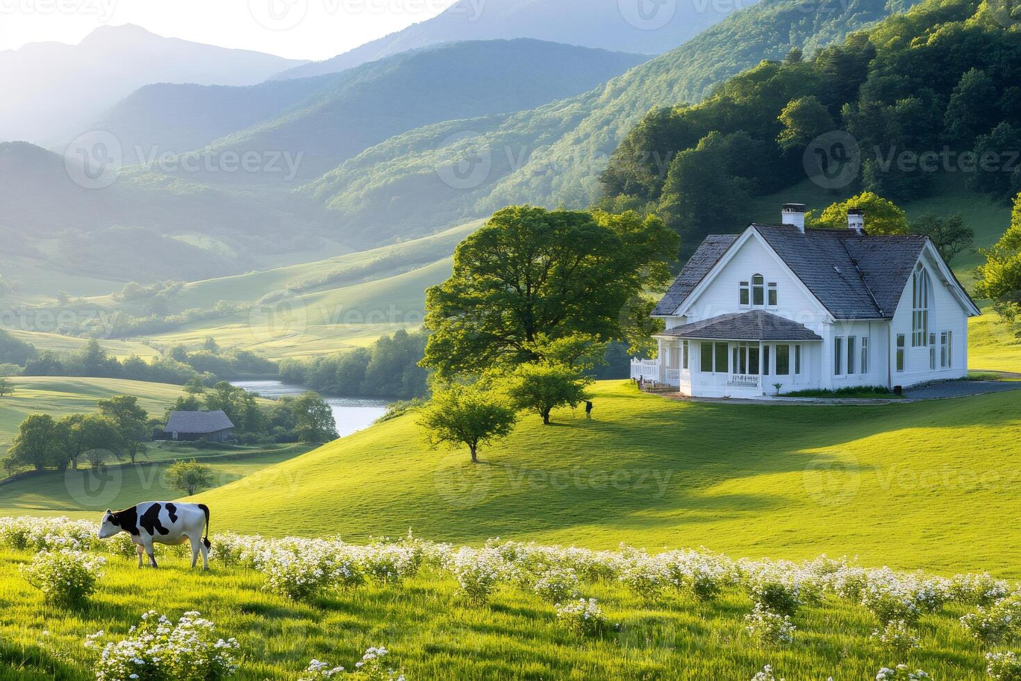 Cow grazing in a beautiful green field near a white country house in a mountain valley photo