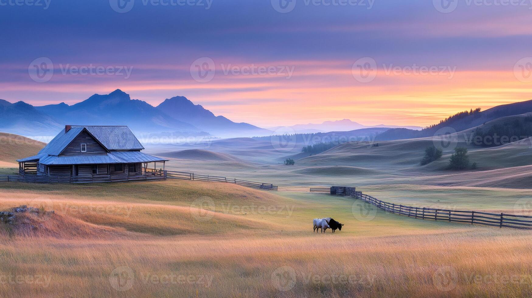 Cows grazing near abandoned wooden house at sunrise in the foothills of the Canadian Rockies photo