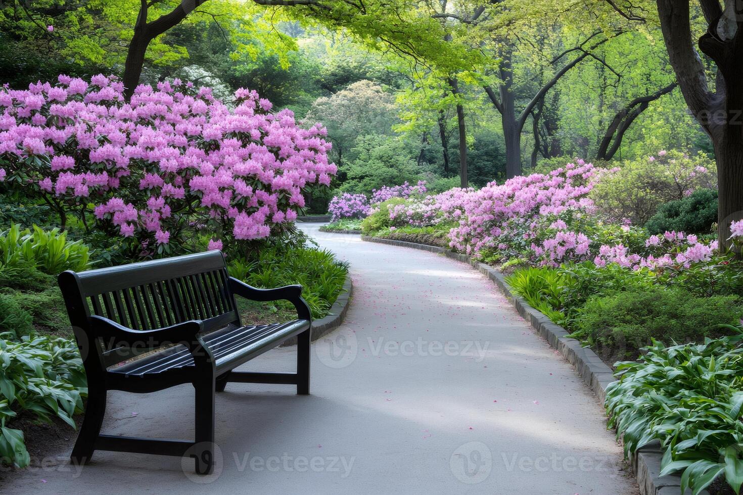 Bench inviting visitors to walk the path in a colorful blooming garden photo