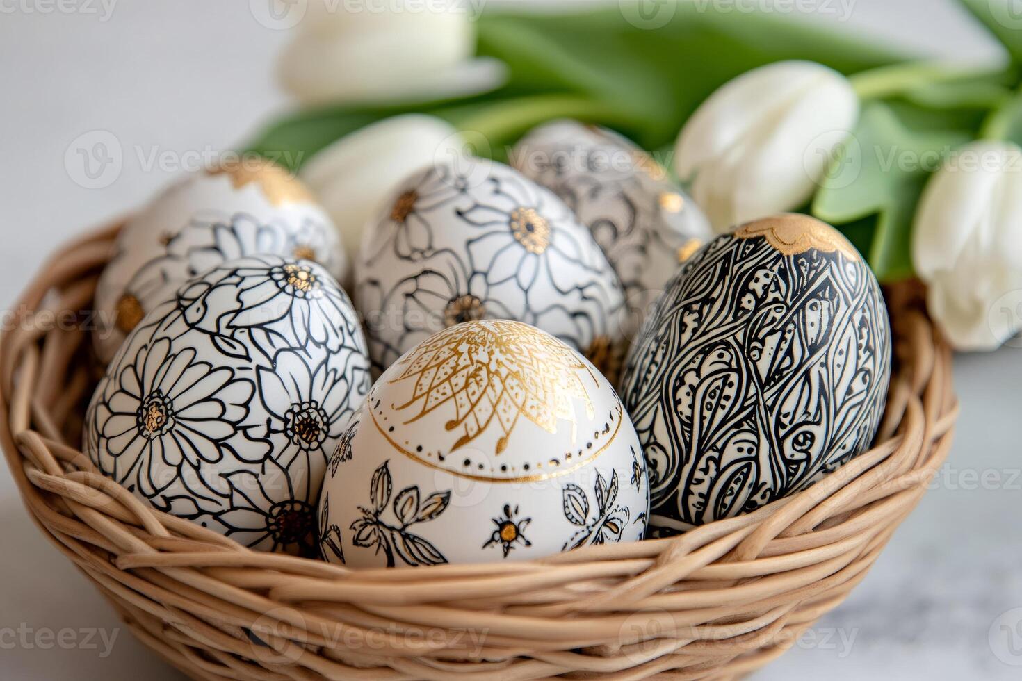 Easter eggs with gold and black floral and paisley designs resting in wicker basket photo