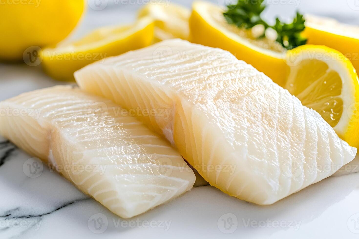 Fresh cod fillets resting on marble surface with lemon slices and parsley photo