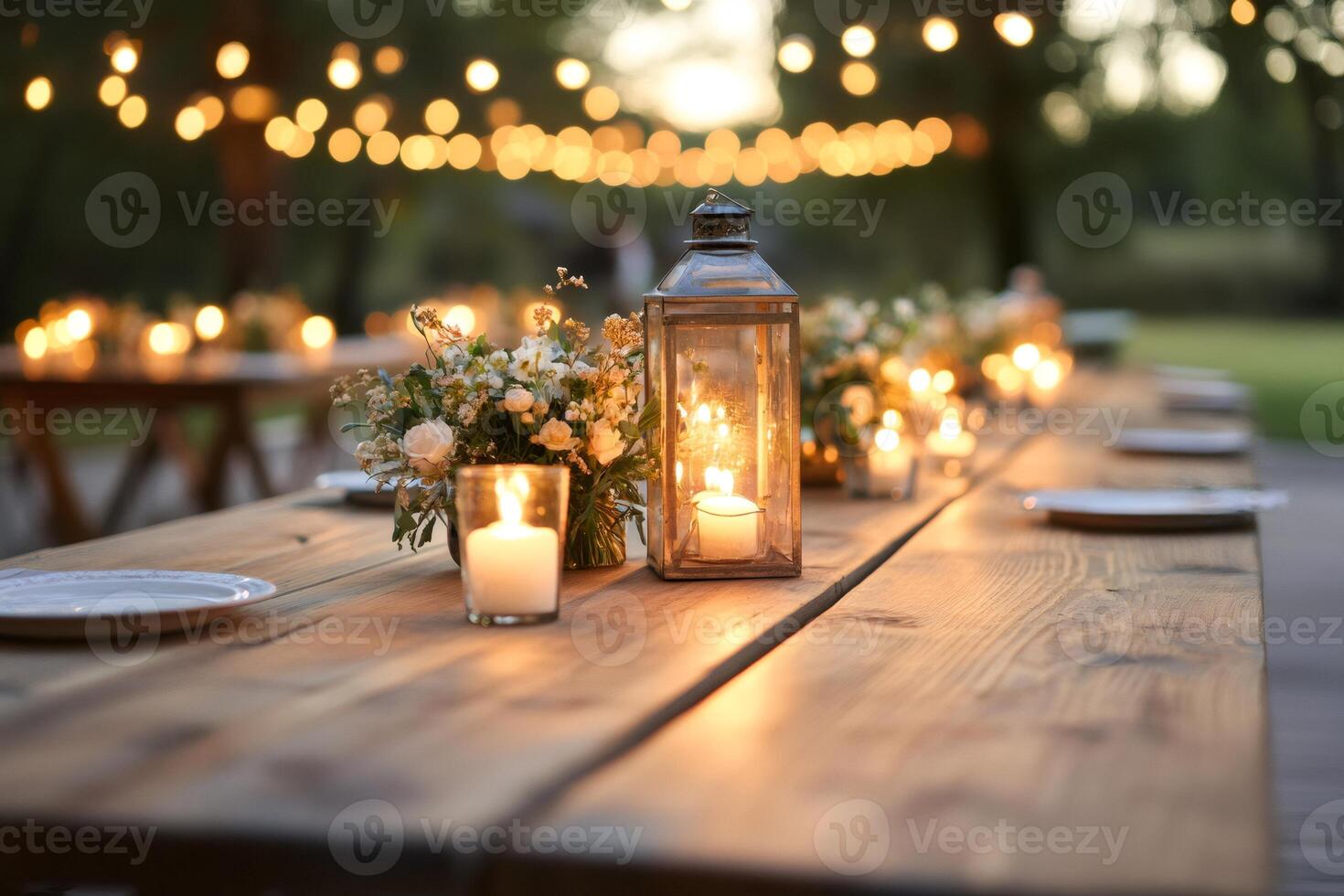 Rustic wooden table is set for an outdoor wedding reception, featuring candles, flowers, and string lights creating a romantic ambiance photo