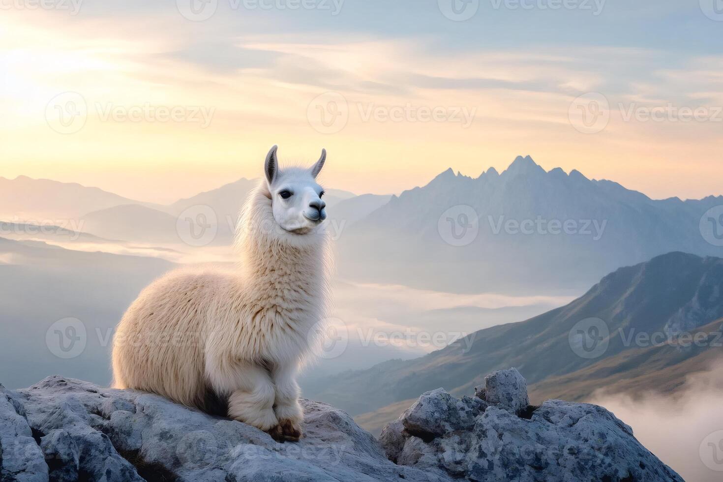 Llama sitting on a rock in the mountains enjoying the sunrise photo