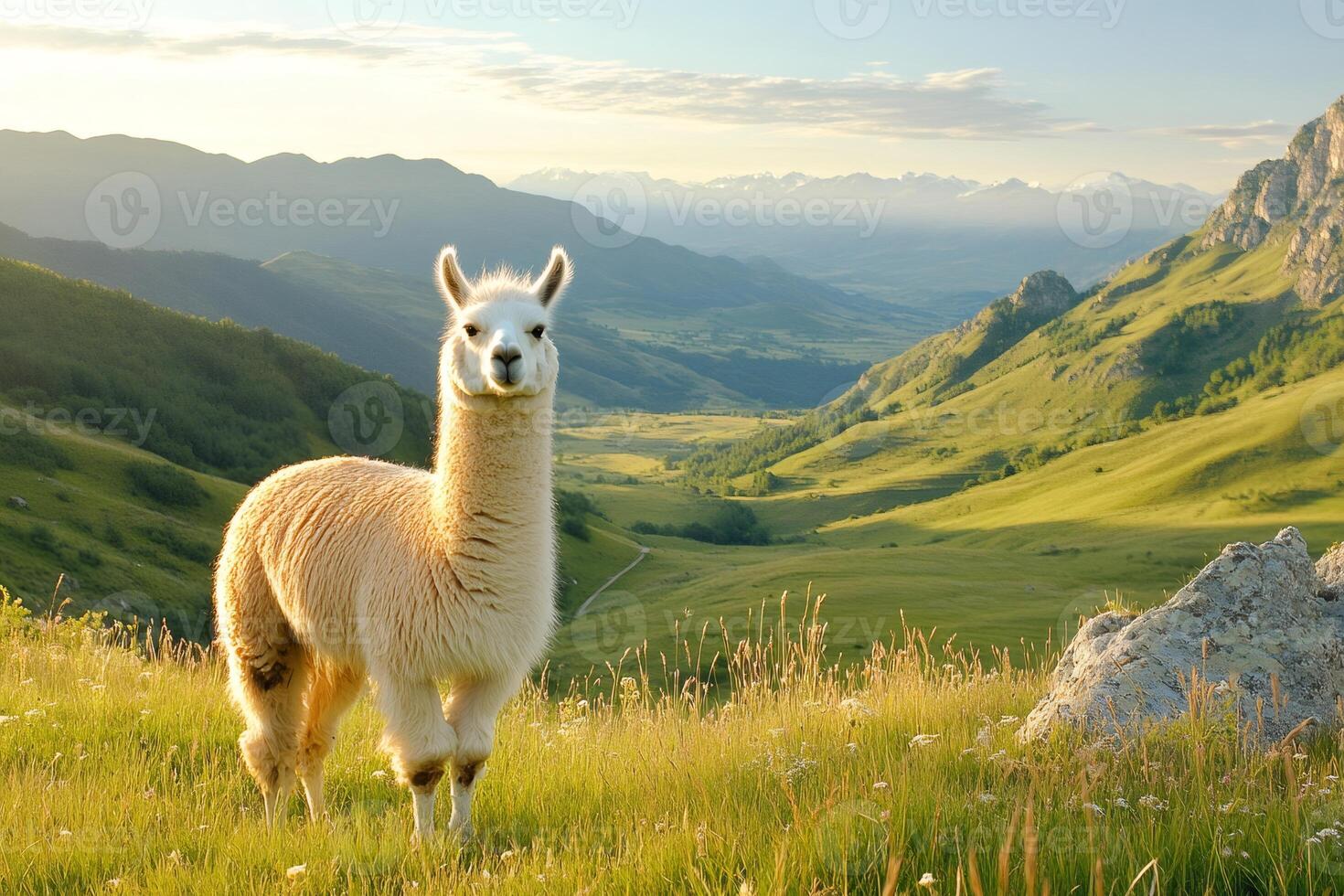 White llama standing in mountain landscape during sunset photo