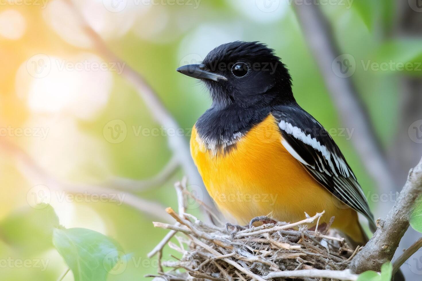 Audubon's oriole resting on nest in spring sunlight photo