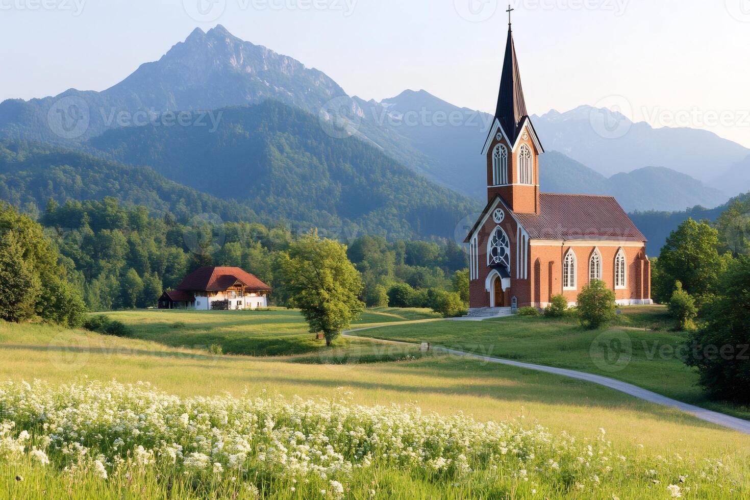 Breathtaking Bavarian landscape featuring a church and the Herzogstand mountain photo