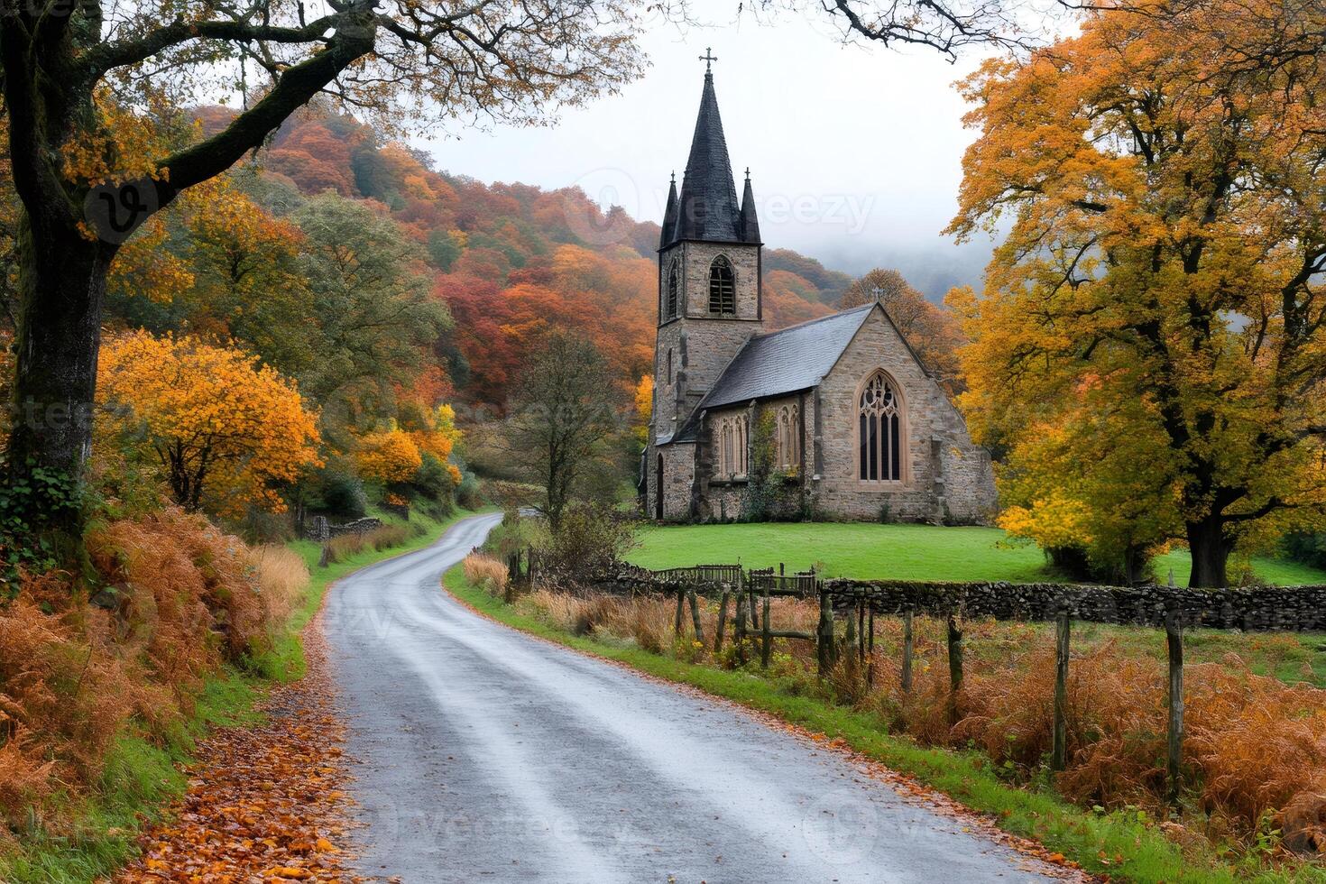 Country road leading to a church in the Brecon Beacons National Park during fall photo