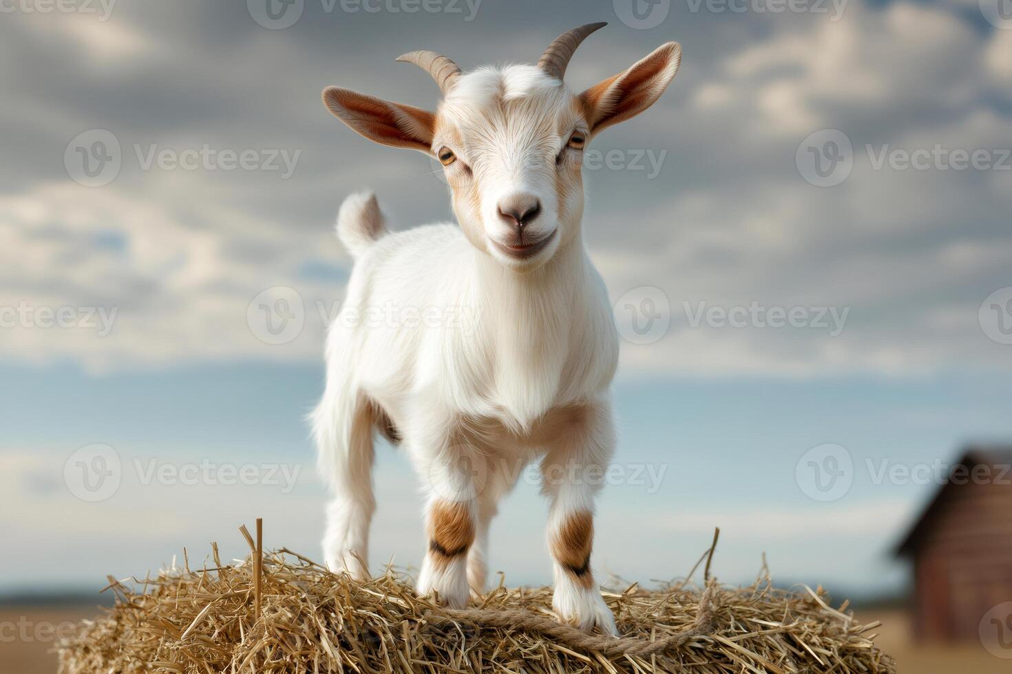 White baby goat standing on a haystack in a farm photo
