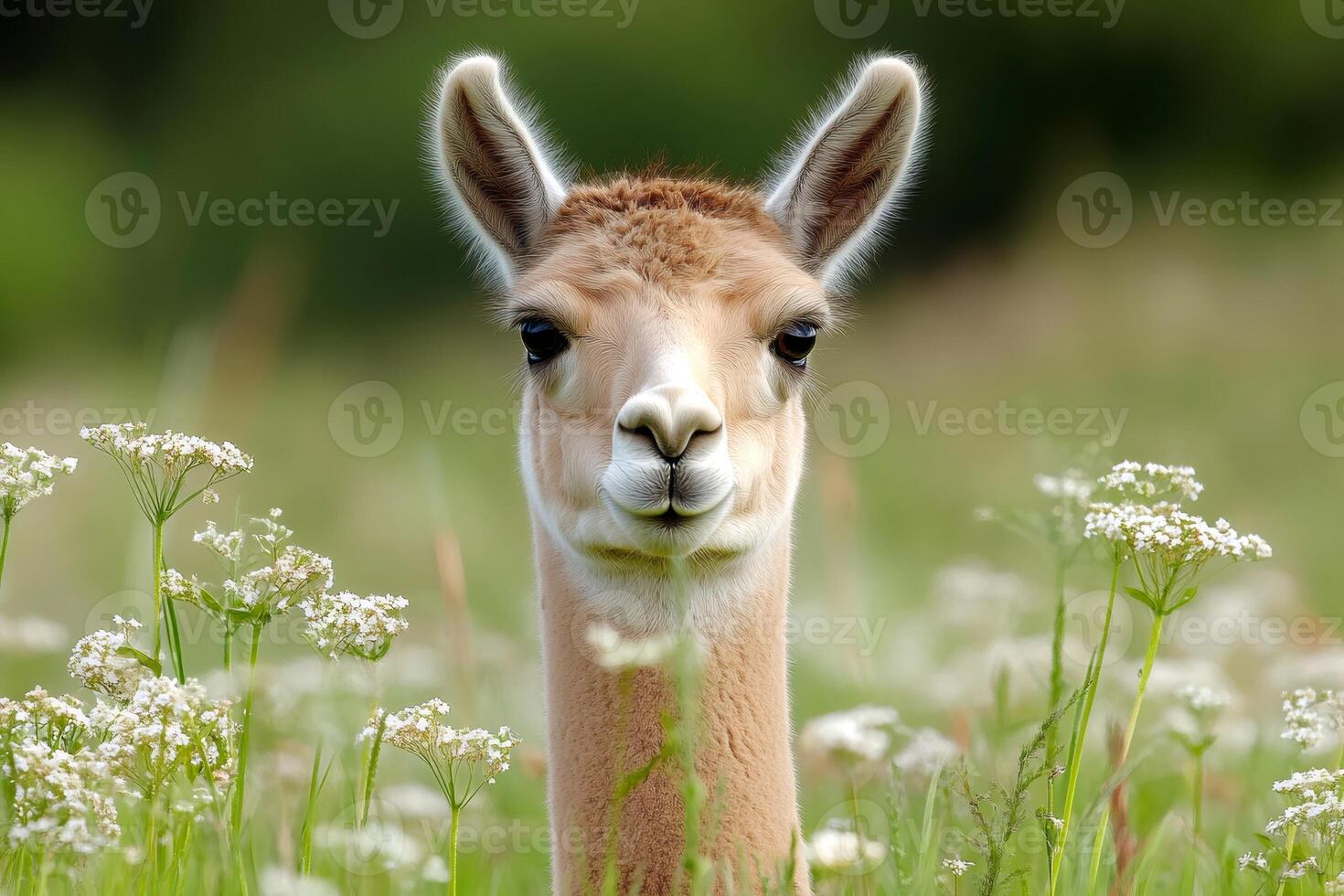 Lama looking at camera in a field of white flowers. photo