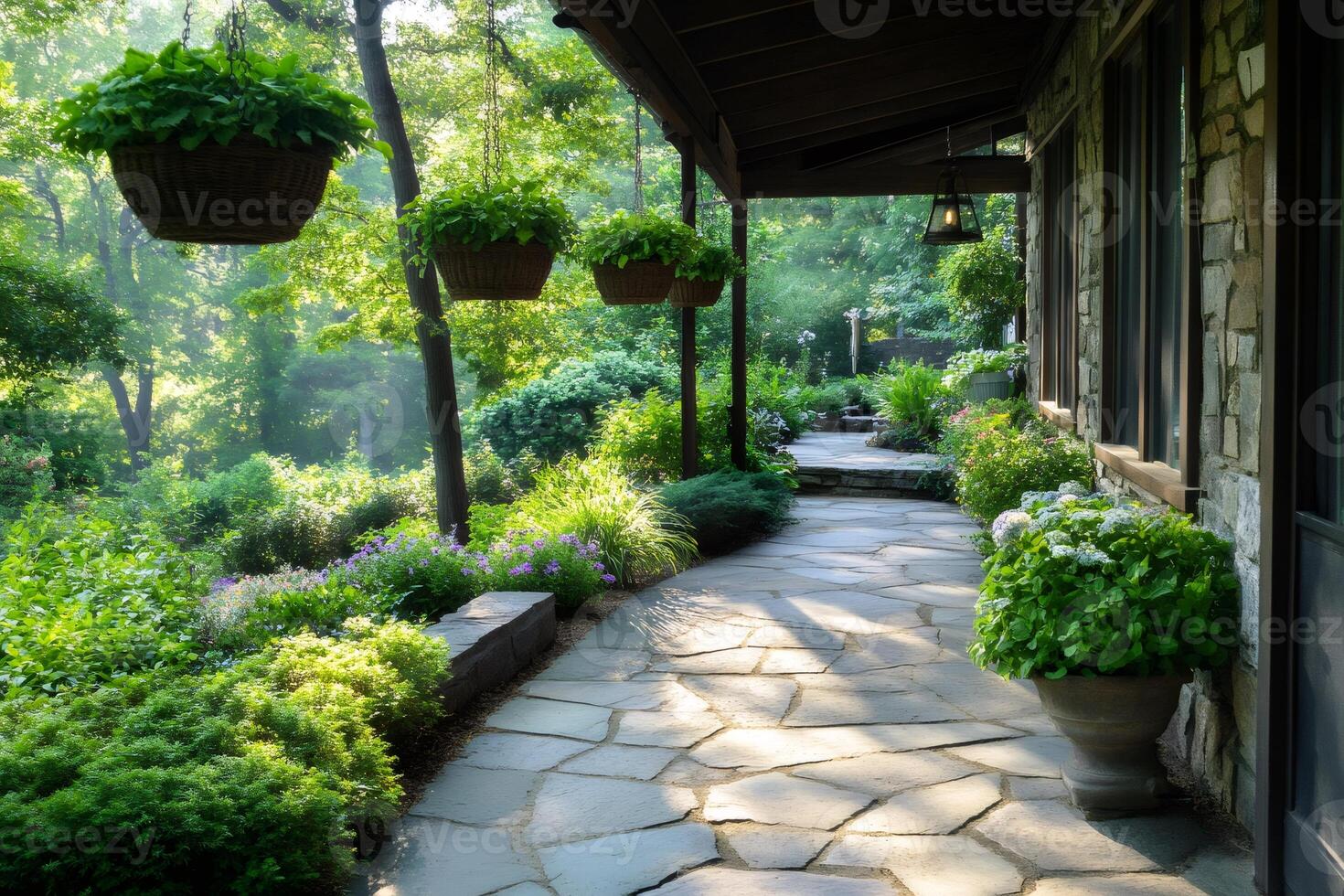 Sun shining on a stone path with hanging baskets and lush landscaping photo
