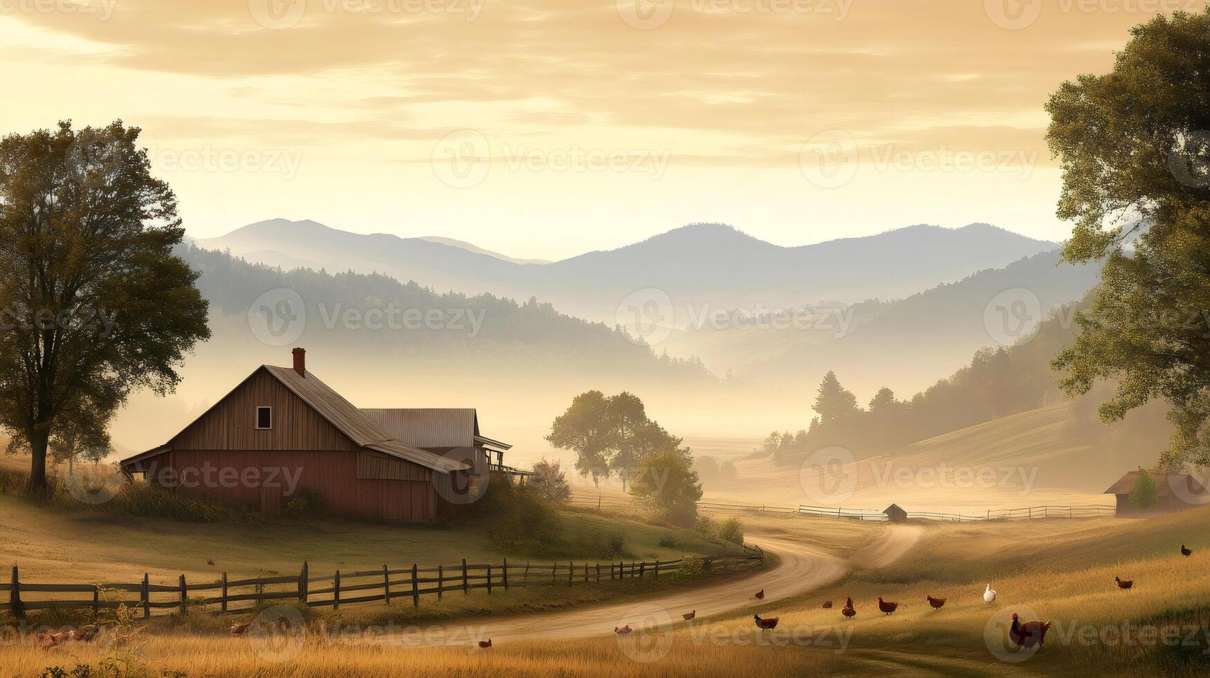 Chickens roaming free in idyllic countryside farm at sunrise photo