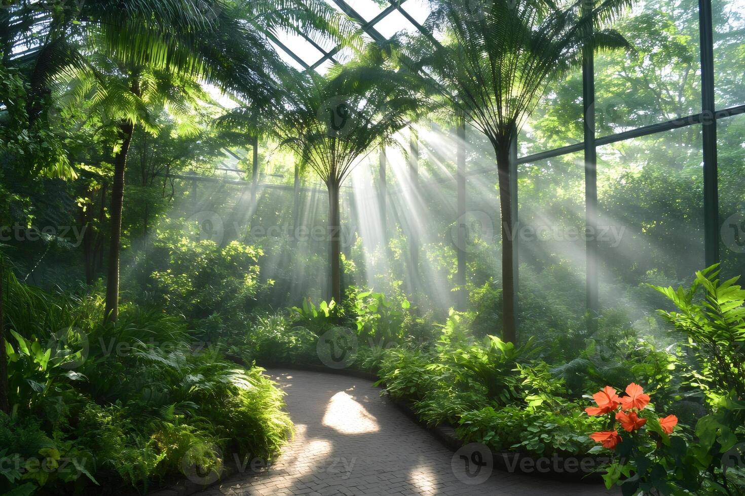 Sun rays shining through glass roof in lush tropical greenhouse photo