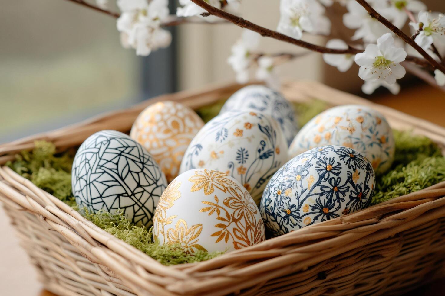 Decorated easter eggs with gold and blue floral patterns laying in wicker basket photo
