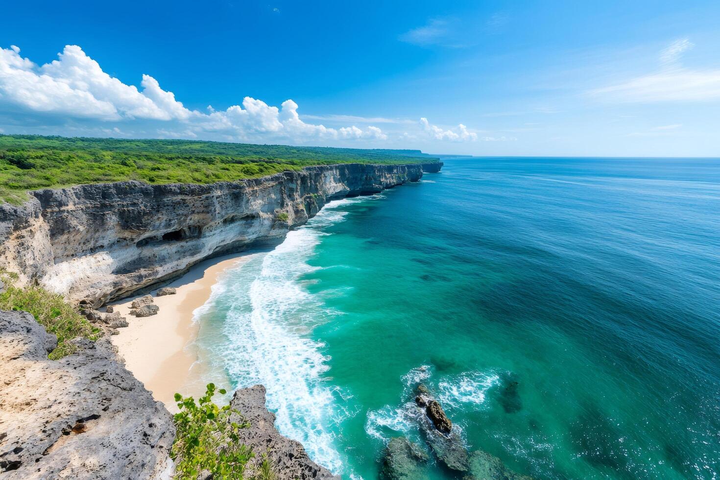 Turquoise ocean waves crashing on idyllic white sand beach beneath Nusa Penida cliffs in Bali photo